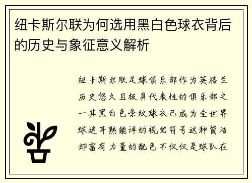 纽卡斯尔联为何选用黑白色球衣背后的历史与象征意义解析
