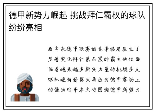 德甲新势力崛起 挑战拜仁霸权的球队纷纷亮相