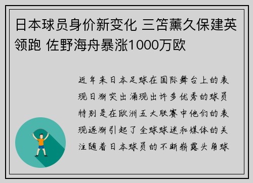 日本球员身价新变化 三笘薰久保建英领跑 佐野海舟暴涨1000万欧